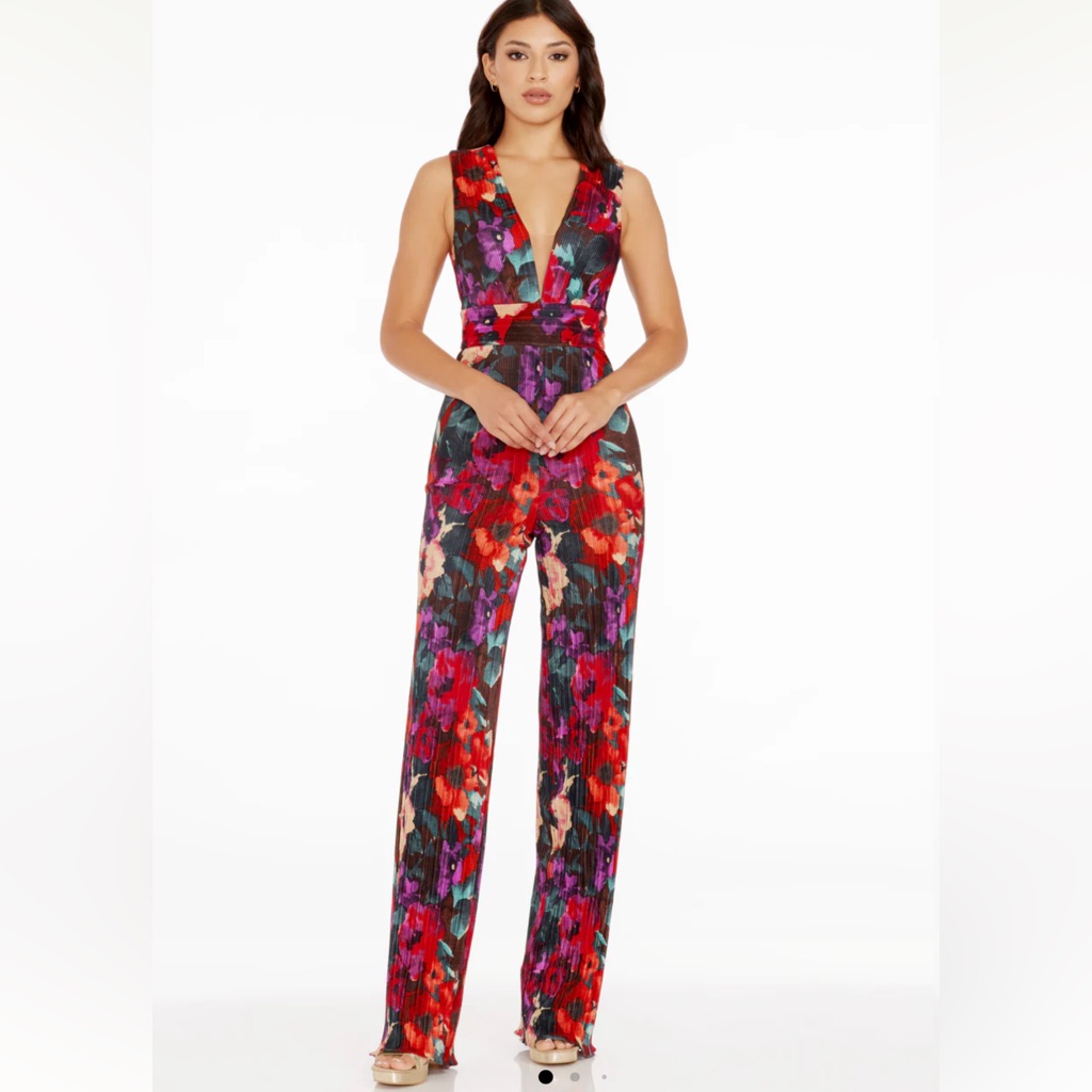 Nwt Dress The Population Hunter Floral Print Pliss Sleeveless Jumpsuit Multi